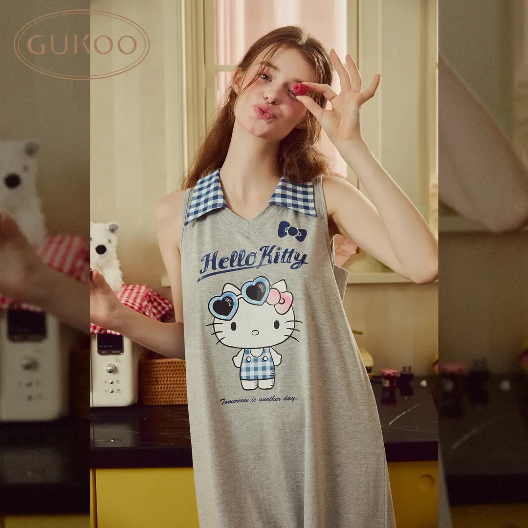 【Gukoo果壳】HelloKitty睡裙纯棉甜美宽松夏睡裙女无袖防走光睡衣