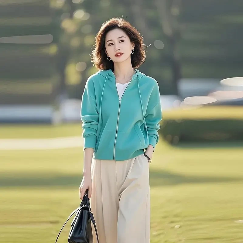 2025春秋新款女士韩版减龄连帽上衣设计感小个子休闲蓝色卫衣外套