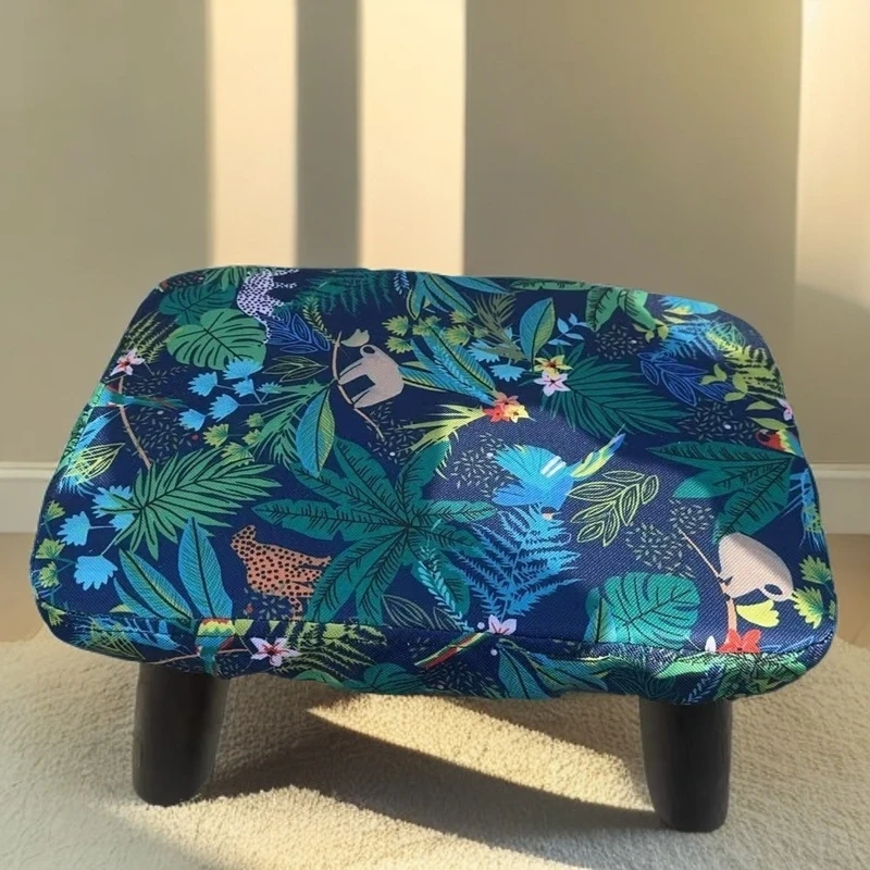 绿野实木小凳子家用木制茶几凳软包矮凳客厅复古方形小木凳