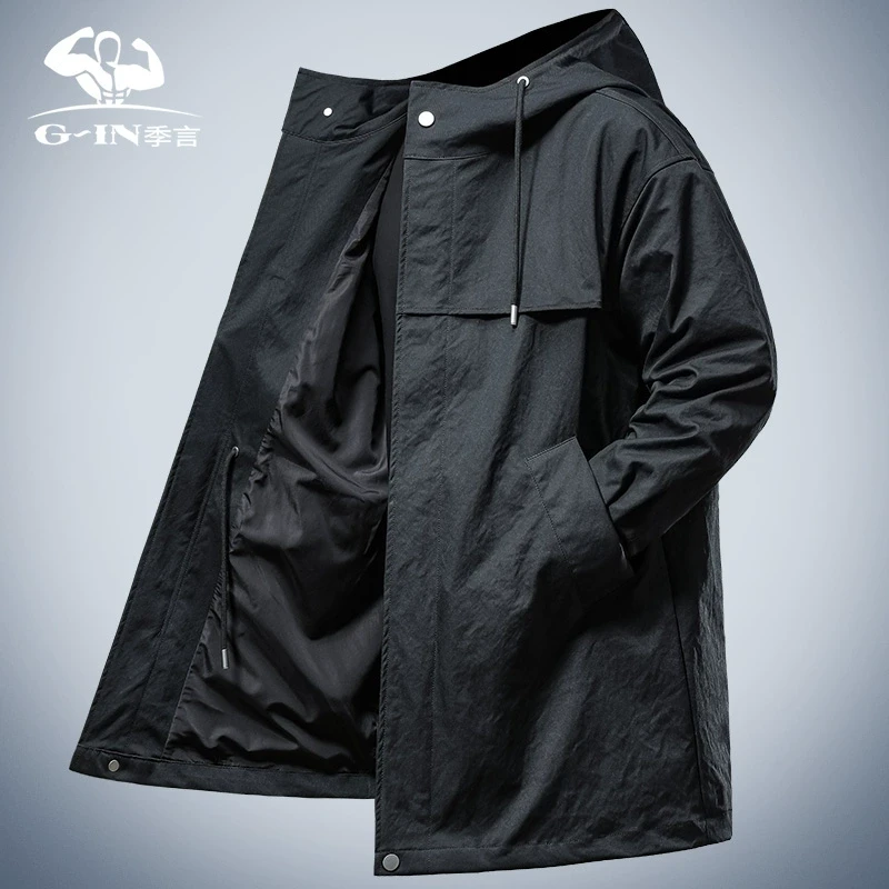 季言男士中长款外套春季高级感潮流休闲夹克 连帽防风风衣大衣男