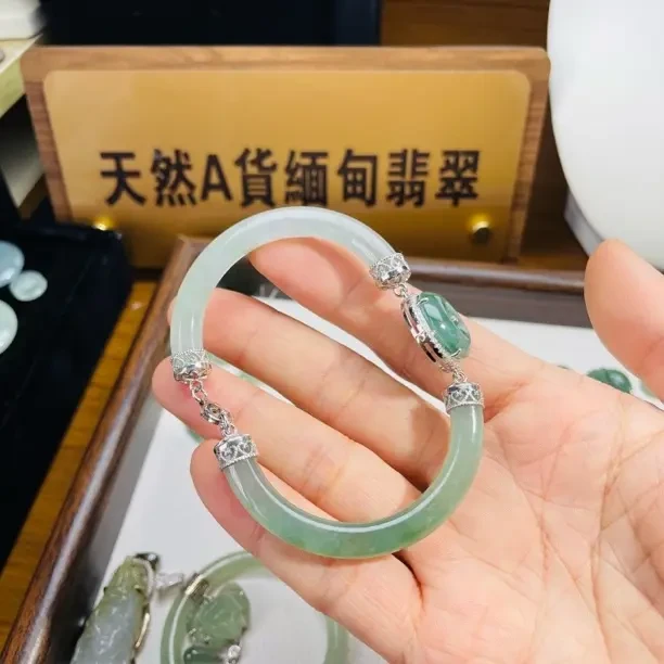 天然缅甸A货翡翠银镶嵌童镯改款网红款爆款