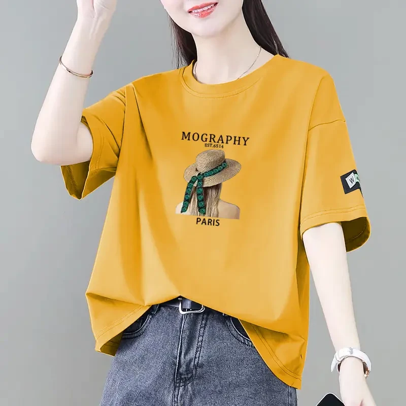 100%纯棉短袖t恤女2025夏季新款韩版宽松显瘦减龄百搭十三行上衣