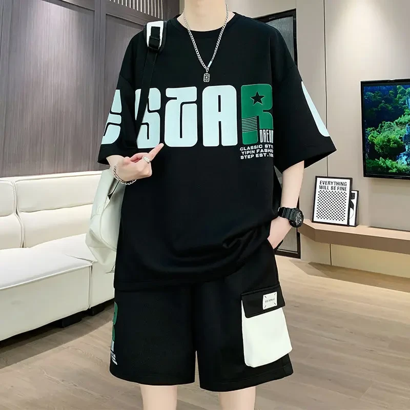 休闲运动套装男2025夏季宽松青少年华夫格潮流短袖t恤短裤两件套
