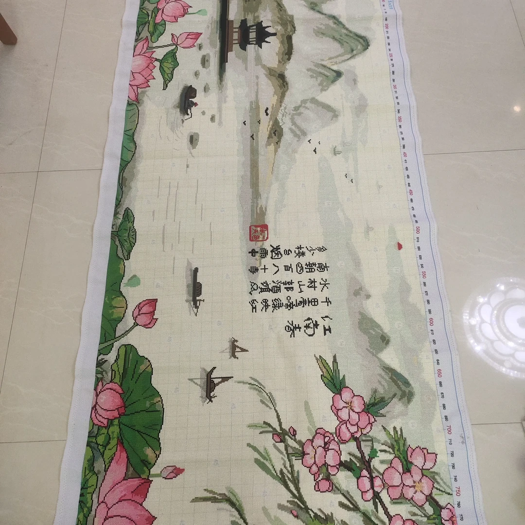纯手工绣好的江南春荷花山水十字绣成品客厅装饰挂画