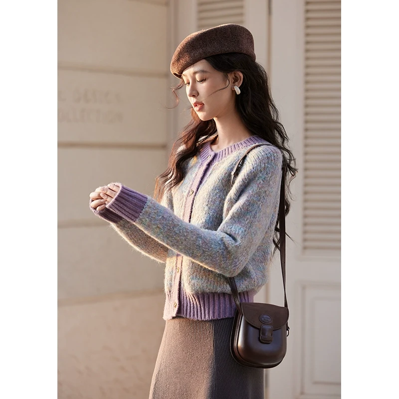 【芋总专属】谜秀毛衣外套法式温柔幻彩拼色显瘦针织衫MXD55Z1033