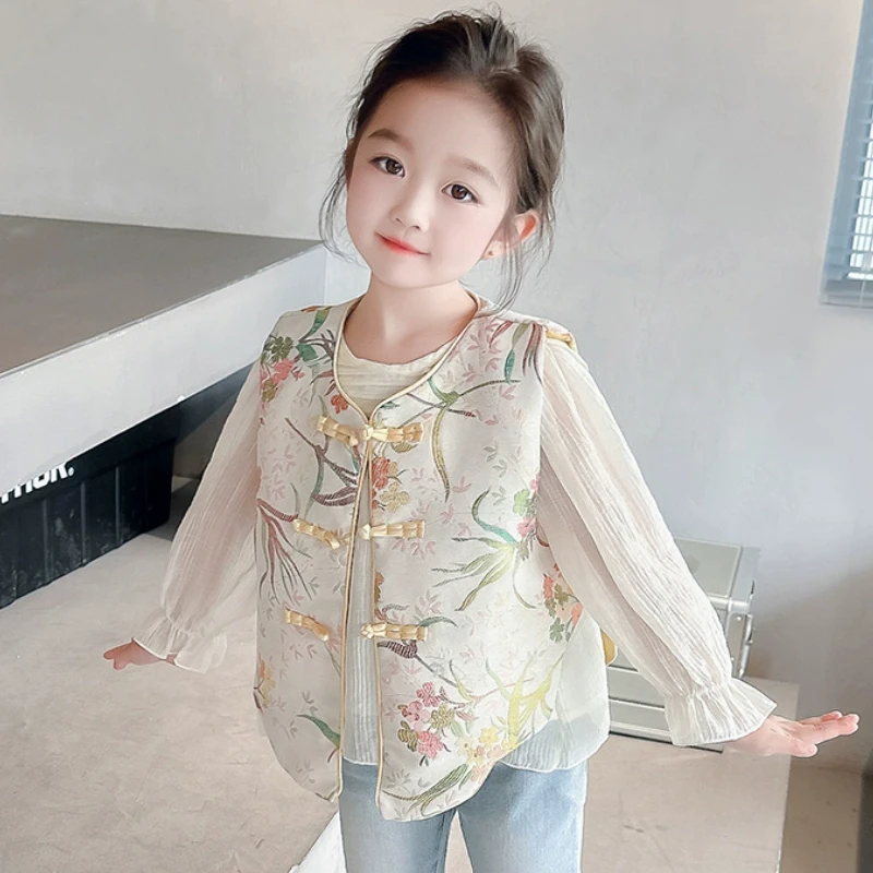 女童马甲套装春秋2025新款儿童洋气中国风春季宝宝衬衫春装两件套
