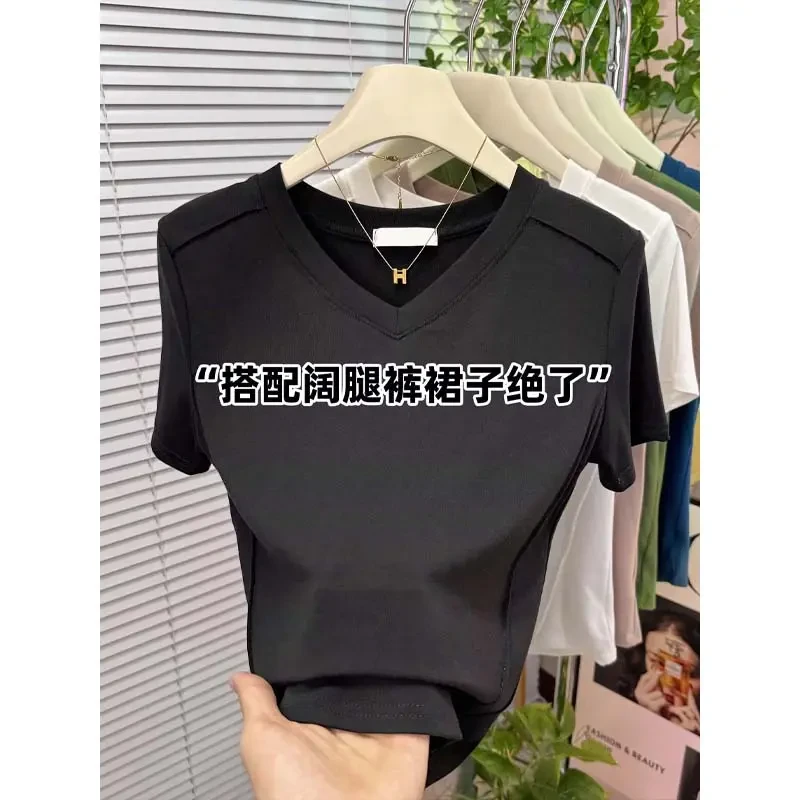 2025夏季显瘦设计感若风鱼骨ol修身上衣简约韩系百搭V领短袖t恤衫