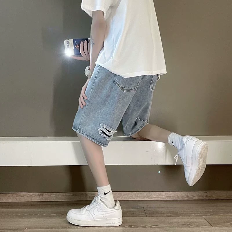 牛仔短裤男夏季薄款破洞宽松潮牌休闲中裤2025潮流直筒运动五分裤
