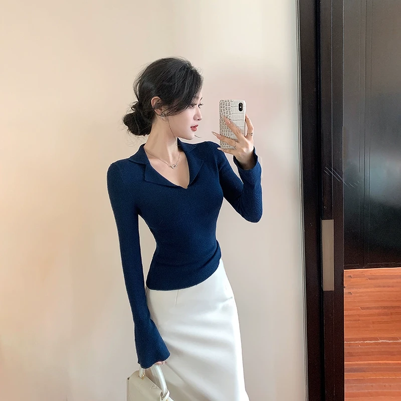 林关关【眷雅】纯欲羊毛针织POLO领上衣女款气质修身显瘦内搭打底衫