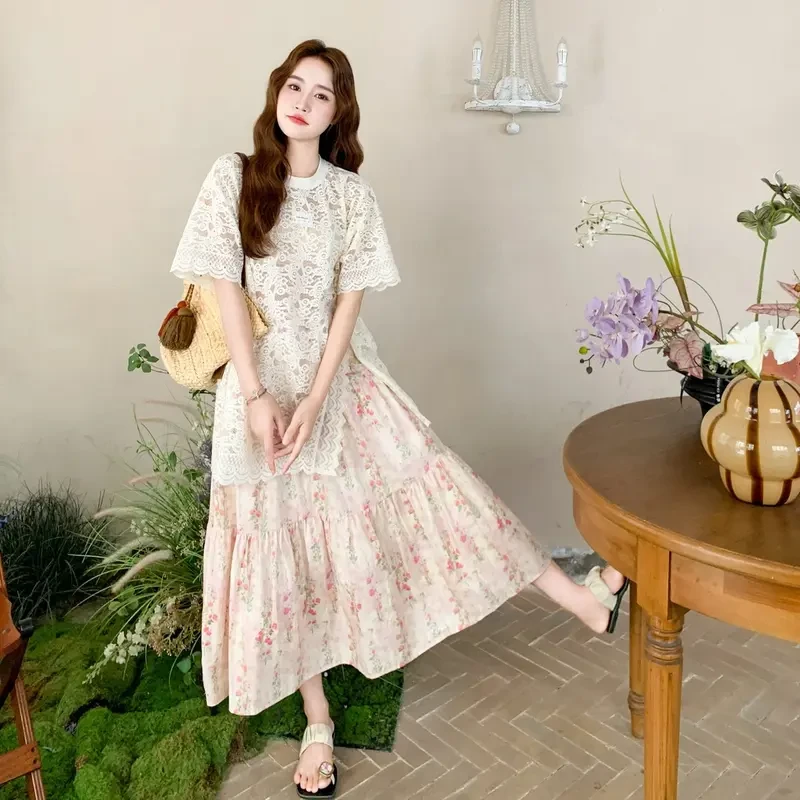 韩系甜美减龄碎花半身裙套装女2025夏季巨好看开叉蕾丝罩衫两件套