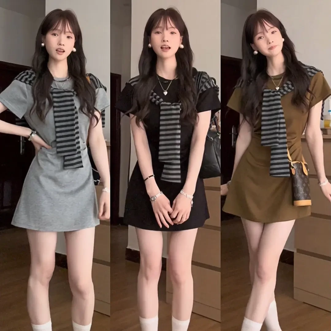 原创街头风极简风夏季短袖圆领连衣裙时尚显瘦复古韩版长裙
