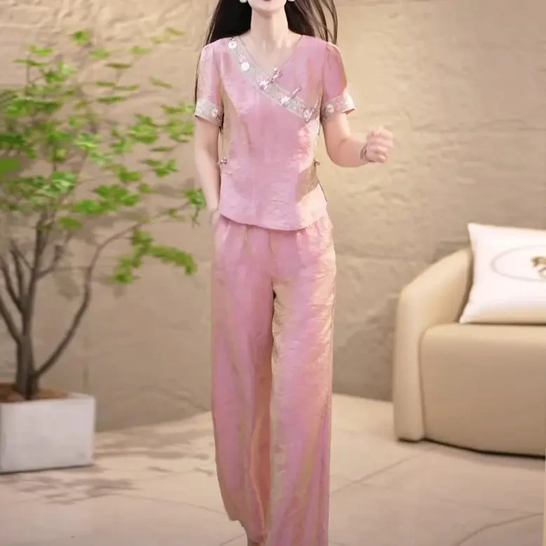 新中式妈妈装夏季国风刺绣套装2025新款时尚洋气质上衣裤子两件套