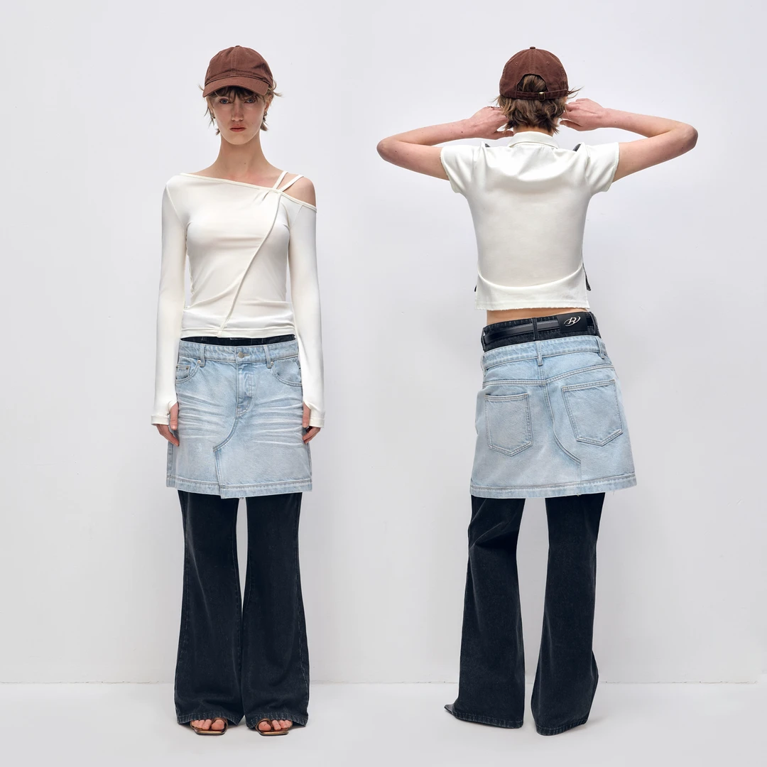 出逃赤岗西 复古撞色拼接双腰头假两件叠穿不贴腿微喇叭牛仔裙裤