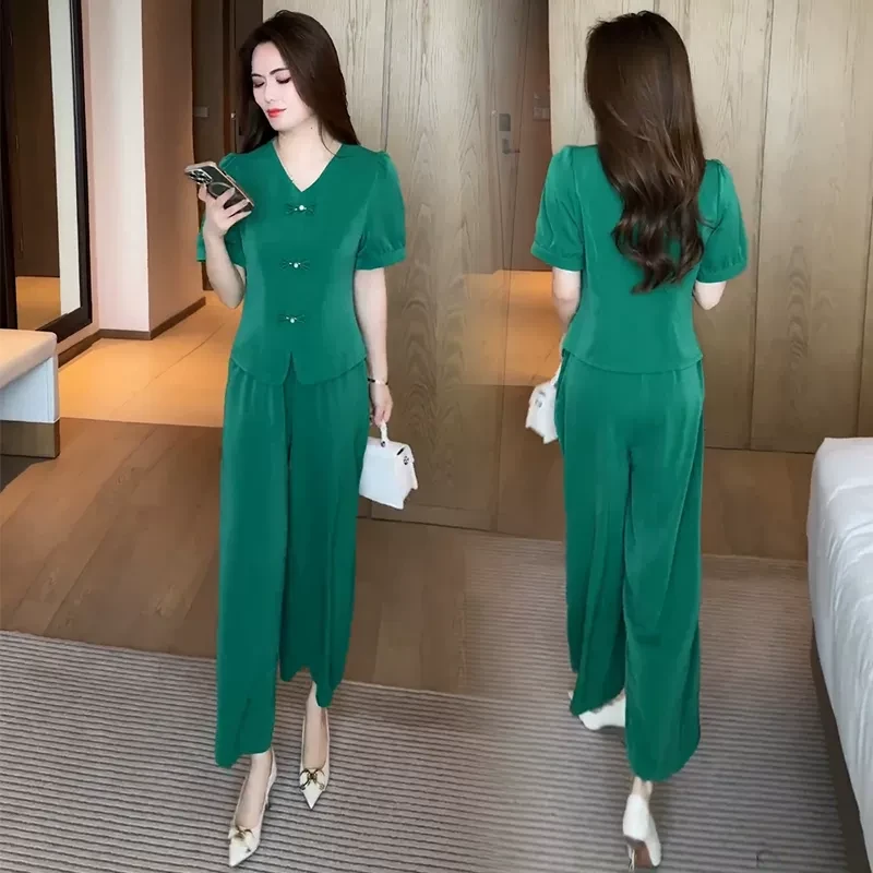 新中式国风时尚套装女夏季新款洋气显瘦盘扣上衣阔腿裤气质两件套