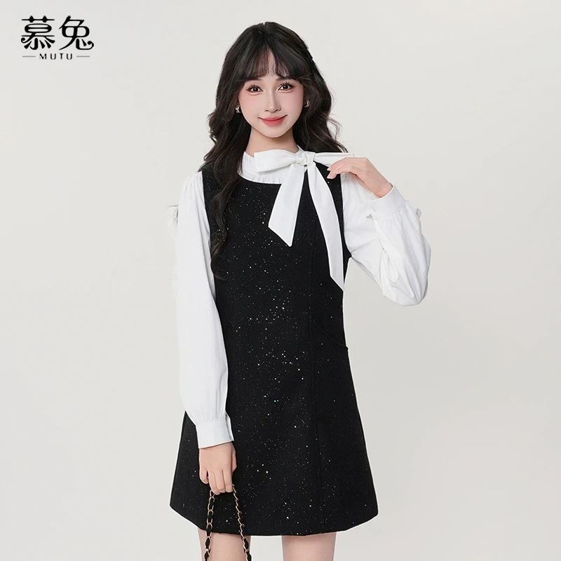 慕兔法式小香风套装女春2025新款蝴蝶结衬衫叠穿背心连衣裙两件套