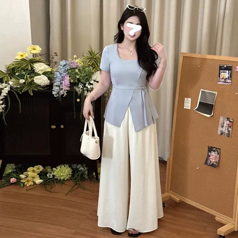 【8668】大码女装胖mm欧若风两件套夏收腰短袖T恤宽松休闲裙裤套装