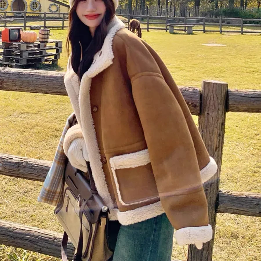 女短外套冬季翻领加厚保暖宽松显瘦百搭皮绒上衣女两面穿