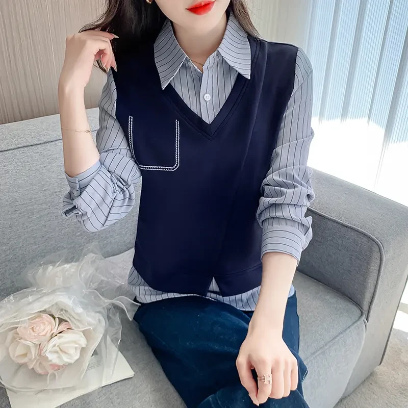 A147时尚百搭秋季新款卫衣撞色拼接设计感假两件长袖衬衫