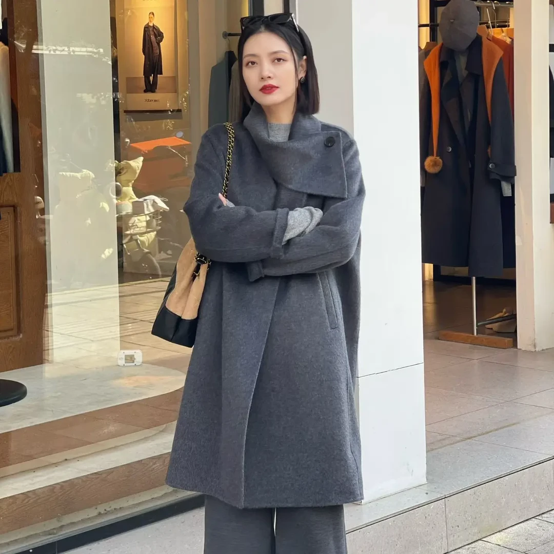 俪妍秋冬新款宽松中长款双面羊绒大衣时尚百搭通勤外套女