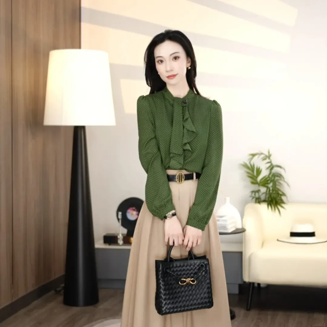 GIRDEAR/哥弟通勤时尚百搭立领荷叶边荷叶边娃娃领全开扣衬衫