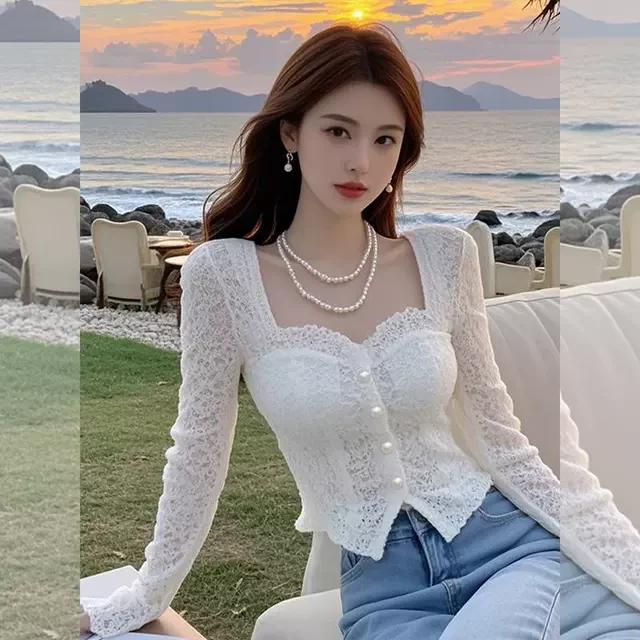 辣妹纯欲风白色方领长袖蕾丝打底衫女春季镂空紧身绝美显瘦小上衣