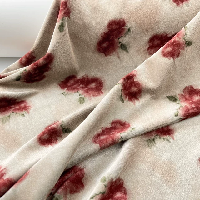 光泽垂感弹力 杏色+酒红晕染玫瑰印花金丝绒布料 连衣裙旗袍面料