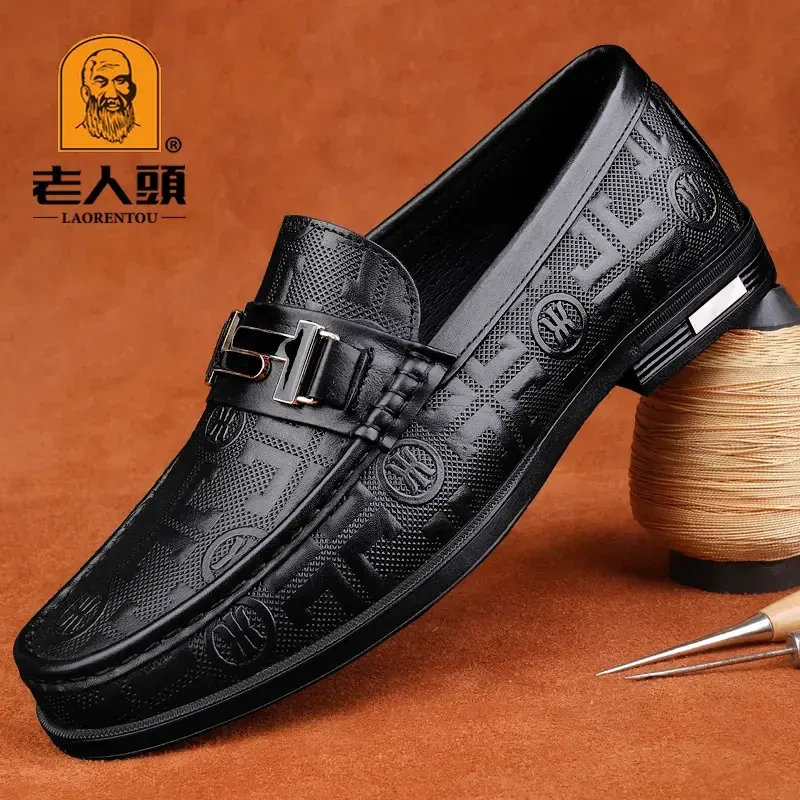 老人头男鞋春季新款真皮休闲皮鞋男士时尚百搭软底一脚蹬豆豆鞋男