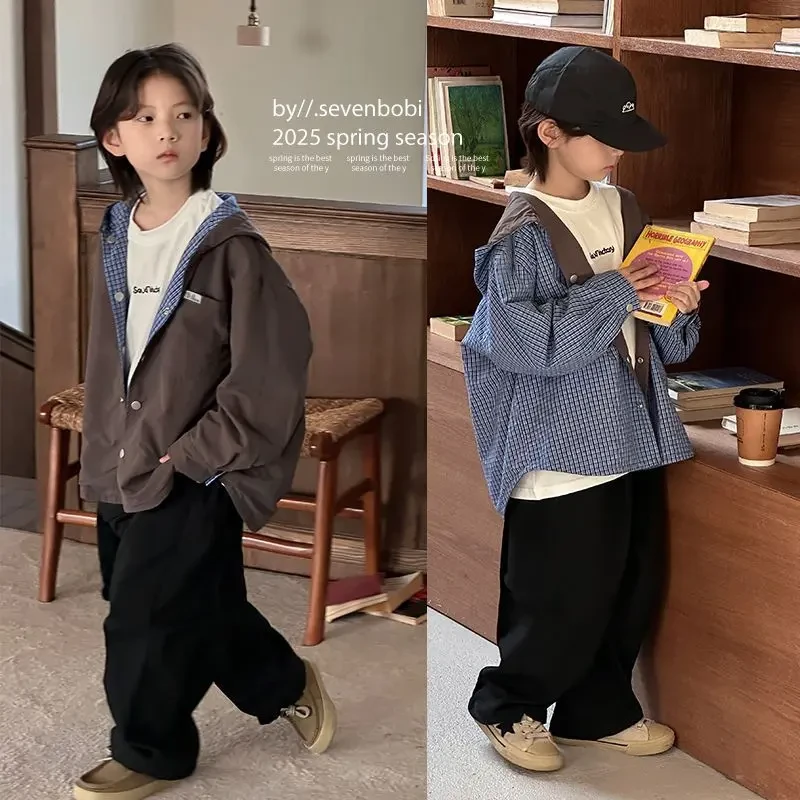 男女童两面穿外套2025新款韩版中大童连帽外套格子上衣防风冲锋衣