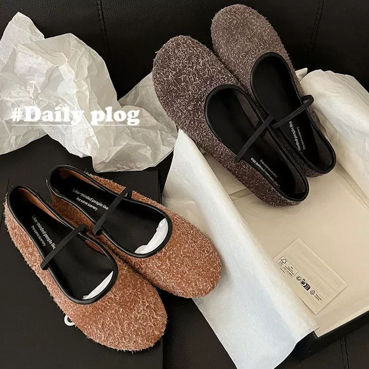 「牛皮版」秋季新款圆头小众刺毛平底玛丽珍单鞋女真皮韩版瓢鞋潮