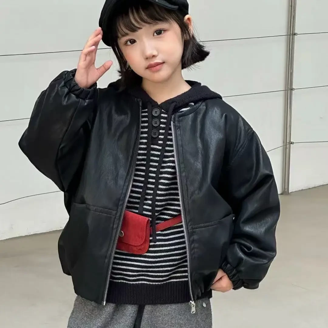 女童秋装韩版洋气女孩皮衣外套牛仔裤超好看秋冬装套装