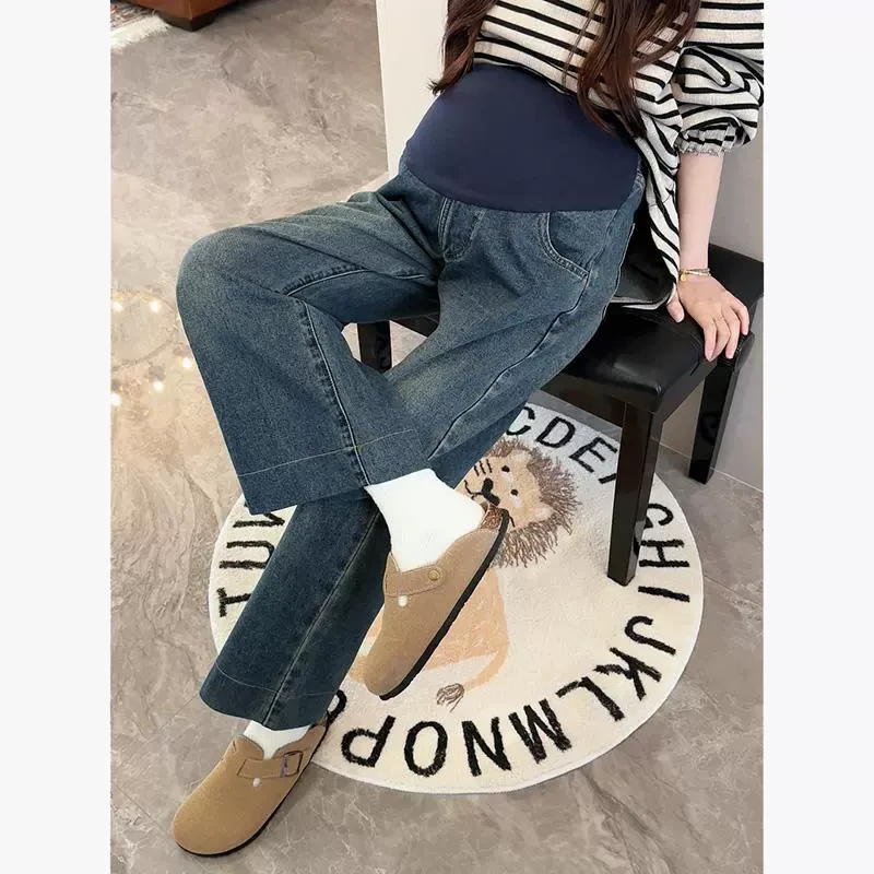 ◆诺初孕妇装◆春款外穿牛仔裤直筒不勒肚子托腹裤小个子九分阔腿