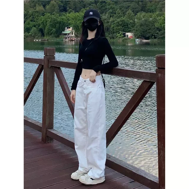 时尚白色牛仔裤女宽松韩版阔腿裤2025年新款直筒裤夏季薄款长裤子