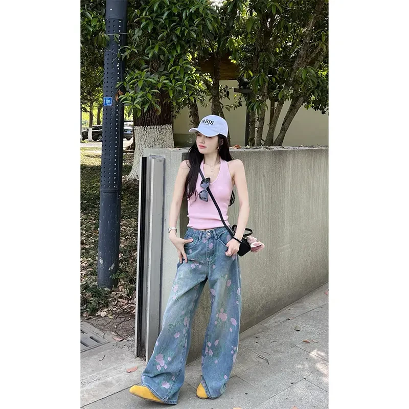 洋气衣服女设计感辣妹时尚背心气质上衣百搭显瘦印花女装直筒长裤