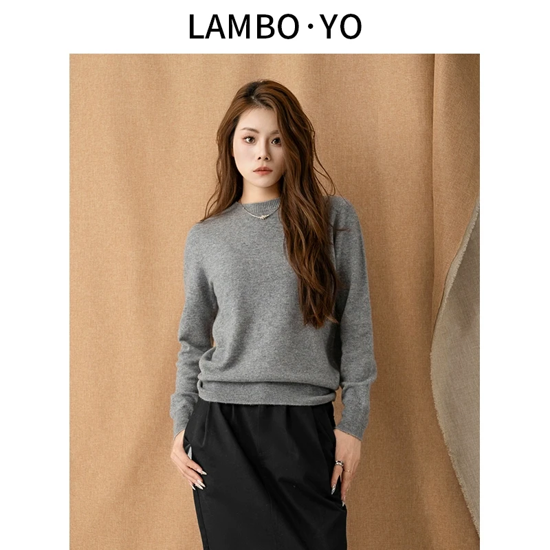 LAMBOYO2024秋季新款简约圆领保暖针织衫休闲百搭纯色上衣女