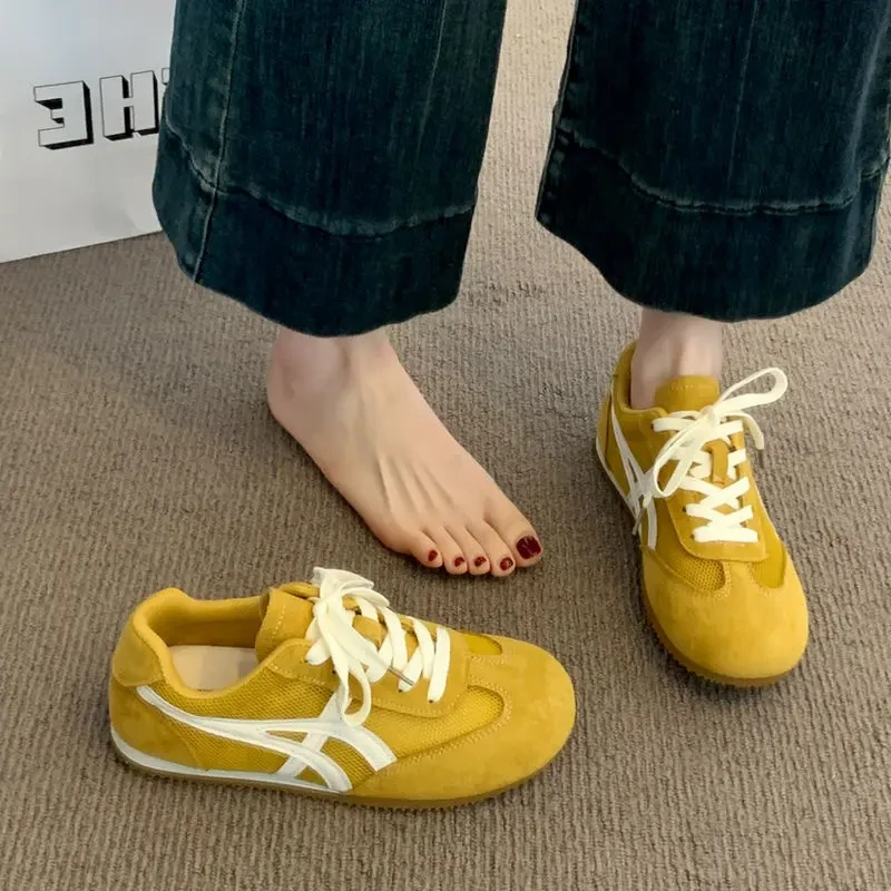 【推荐】发财黄女夏新款德训鞋薄底轻便透气网面休闲时尚平底女鞋
