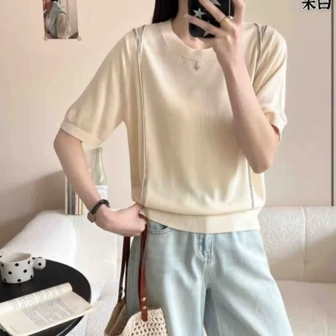 毛针织衫套头款格子短袖上衣简约打底衫毛衣白色薄款