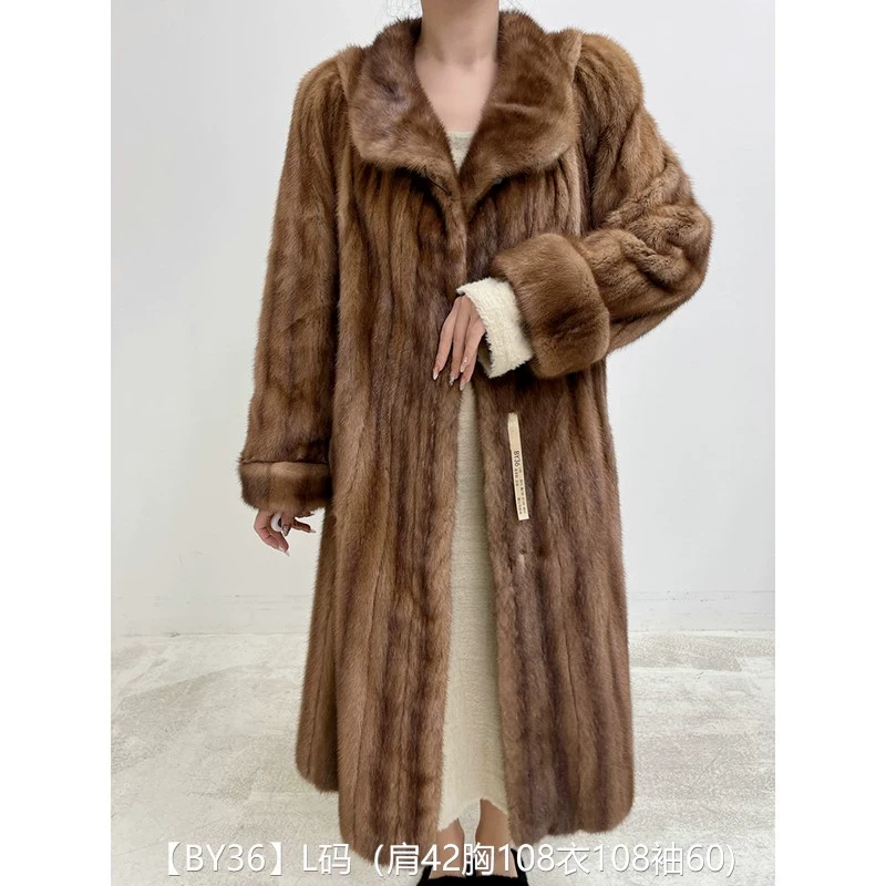 【BY36】L码 蜜茶棕全抽超长款貂皮大衣皮草外套 翻立领挽袖