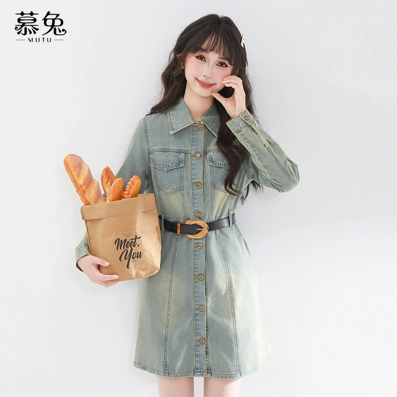 慕兔复古长袖牛仔连衣裙女2025春季新款小个子气质收腰显瘦a字裙