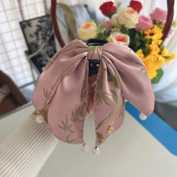新中式印花缎面蝴蝶结抓夹气质温柔头饰女