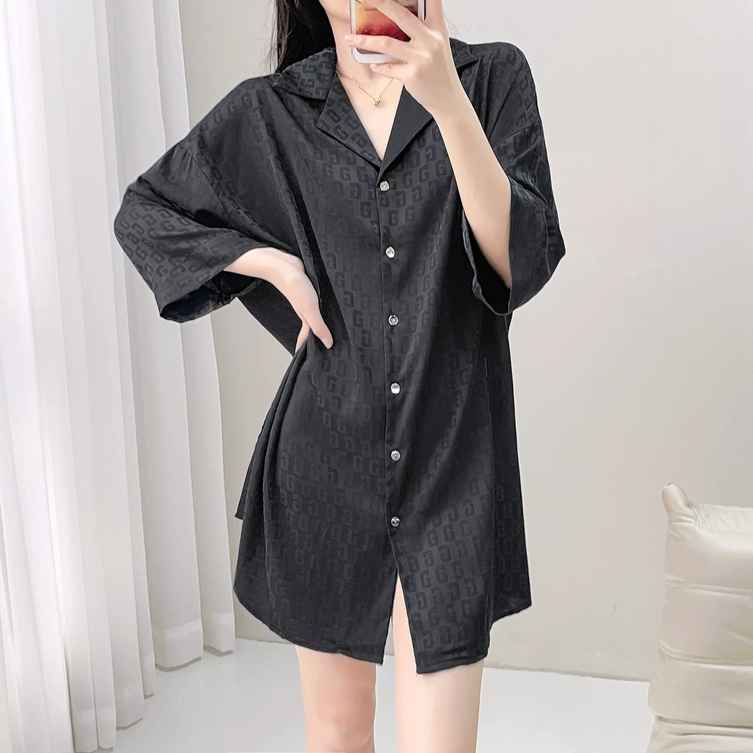 睡裙女士睡衣夏季夏天冰丝绸短袖开衫衬衫长款大牌高级感外穿休闲