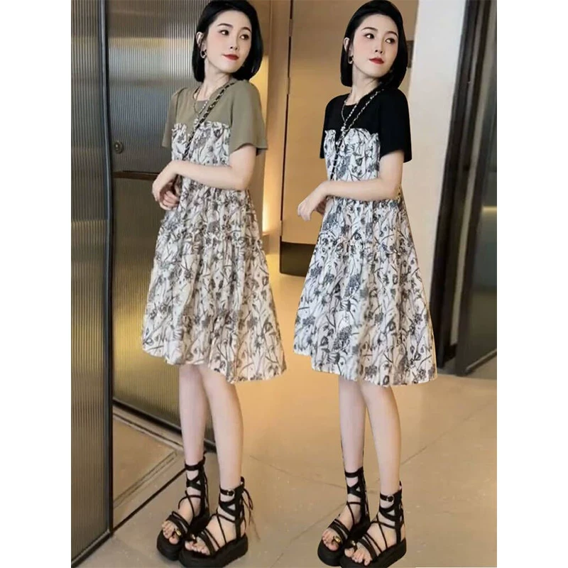 高级感气质假两件碎花连衣裙女2025新款时尚收腰显瘦小黑裙a字裙