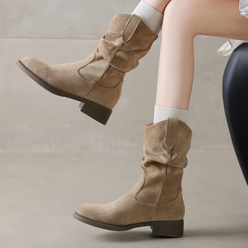 【官网小C&K旗舰店】堆堆靴女2025新款秋美拉德西部牛仔中筒短靴马