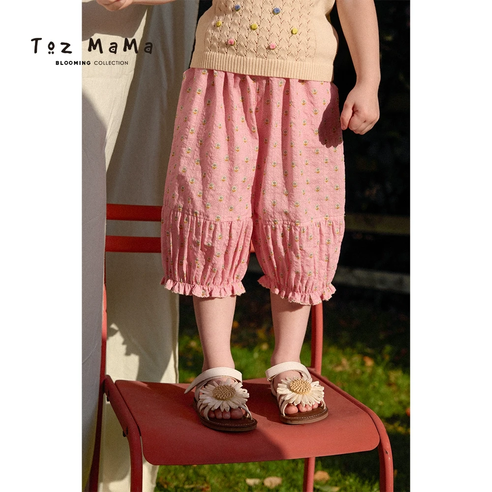 Toz Girls豆几妈4/2女童碎花棉布脚口绣花休闲裤夏季百搭八分裤