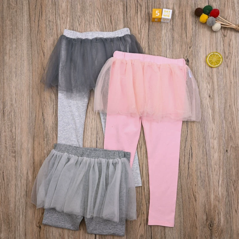 国内单 女宝春秋棉质长裤纱裙子打底裤 女童可爱假两件短裙裤子