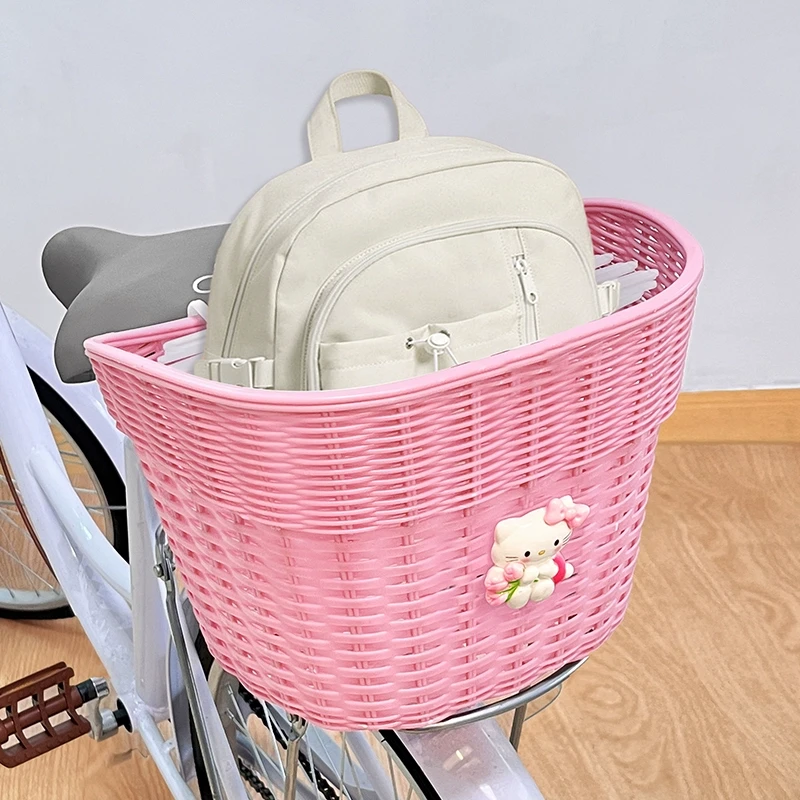 学生自行车后置车筐可爱卡通kt猫电动车单车后尾置物筐放书包神器