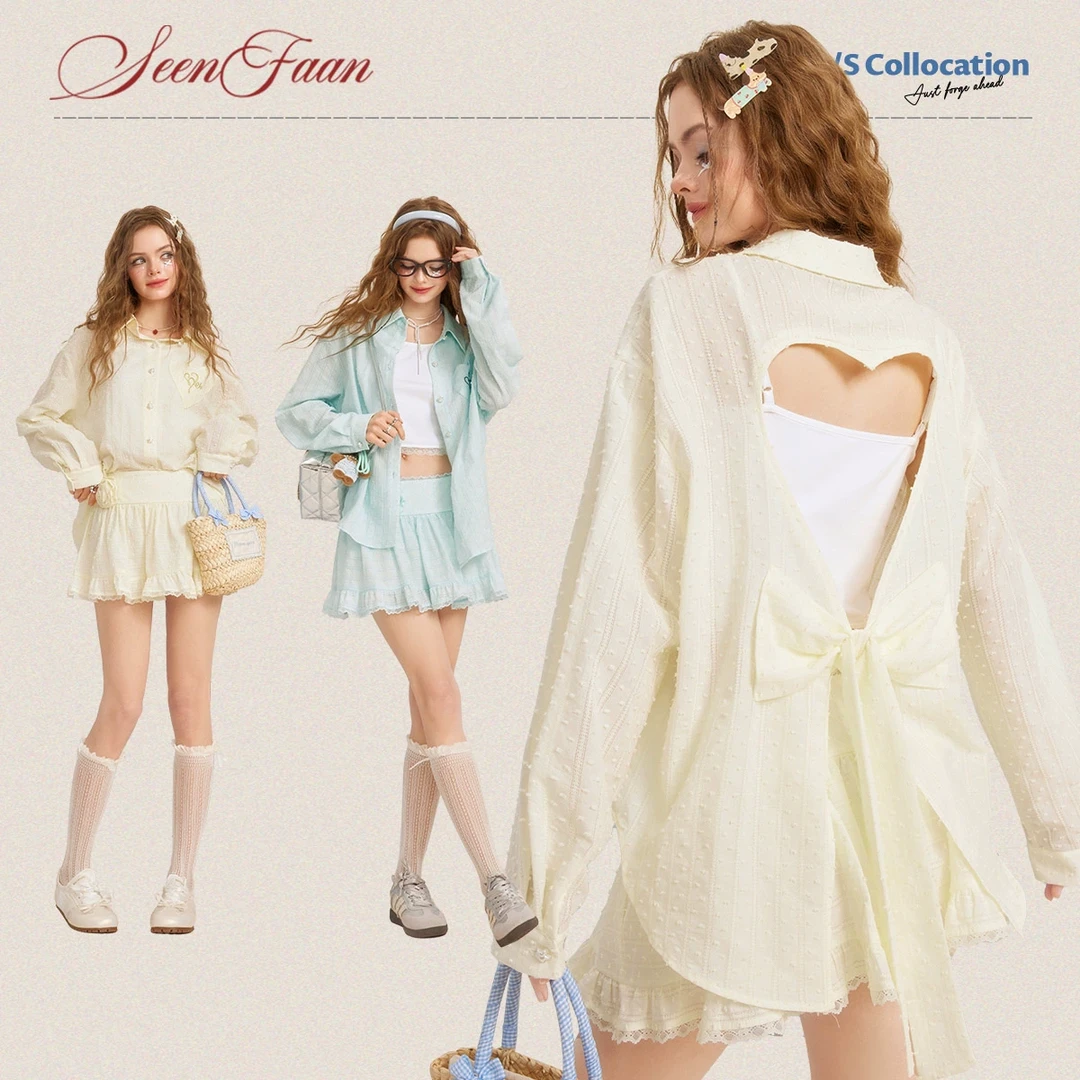 SEENFAAN盛放2025春季新款后背镂空纯欲少女微透衬衫短裙套装女