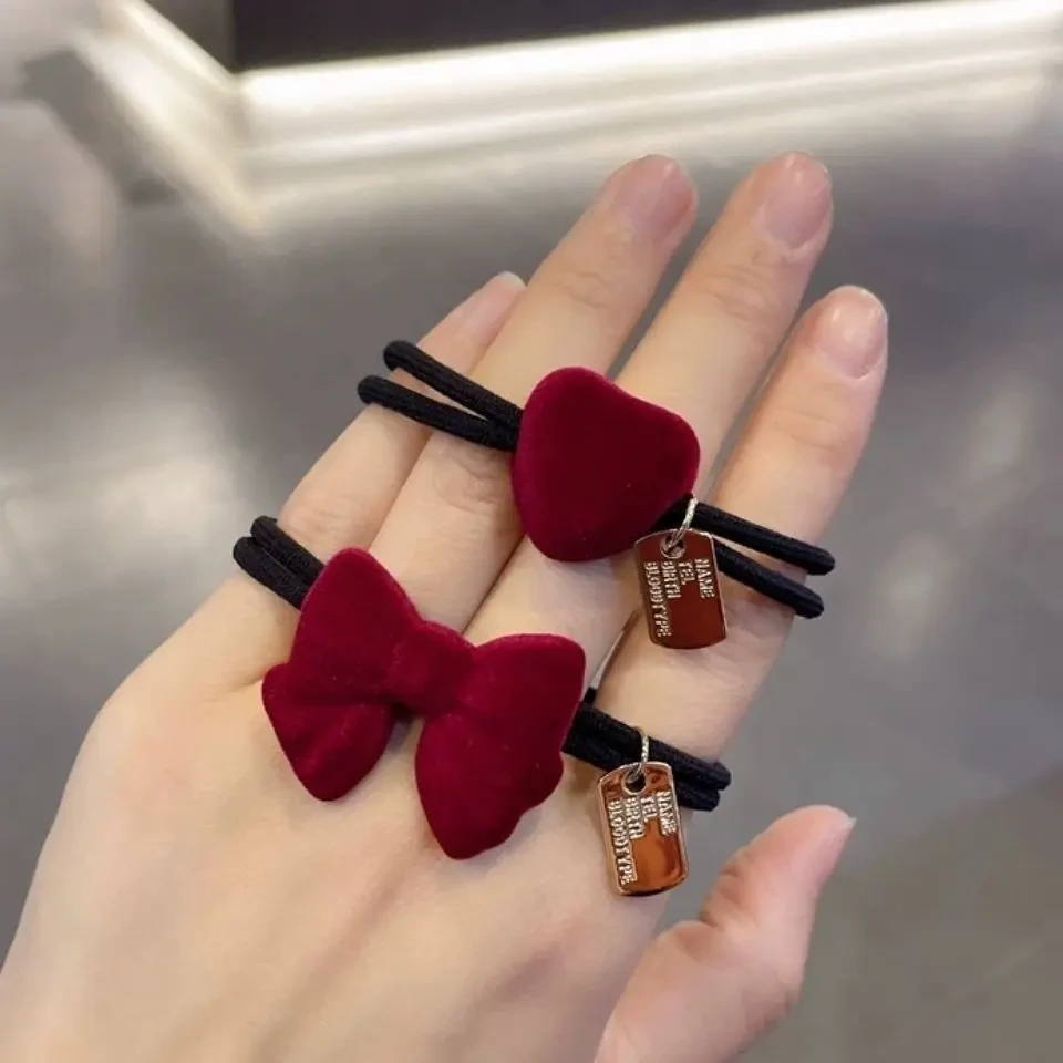 新年头绳红色新年植绒蝴蝶结爱心橡皮筋可爱头饰秋冬网红发绳发饰