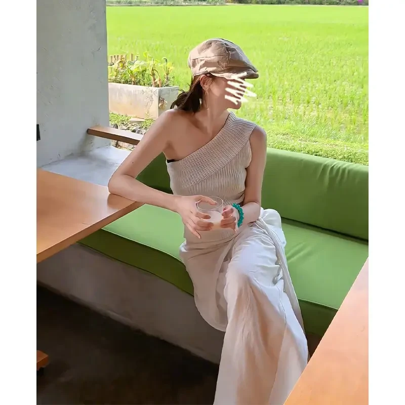 老钱风松弛感女装露肩小众无袖针织上衣设计感高腰显瘦阔腿长裤