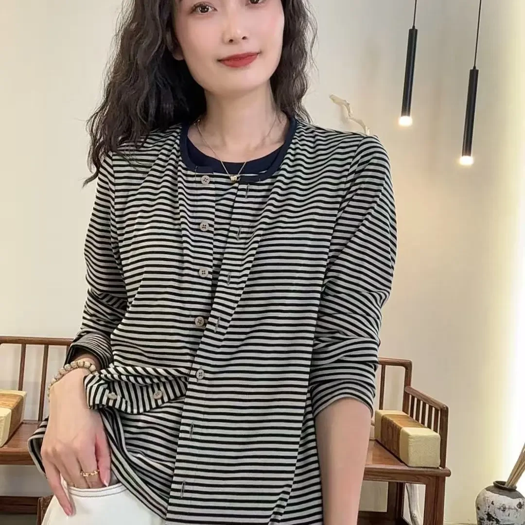 25732-条纹假两件圆领薄款长袖春秋季女毛针织衫休闲衬衫显瘦