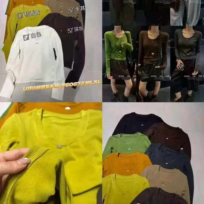 纯色字母圆领长袖修身型磨毛T恤灰白色咖色卡其ol